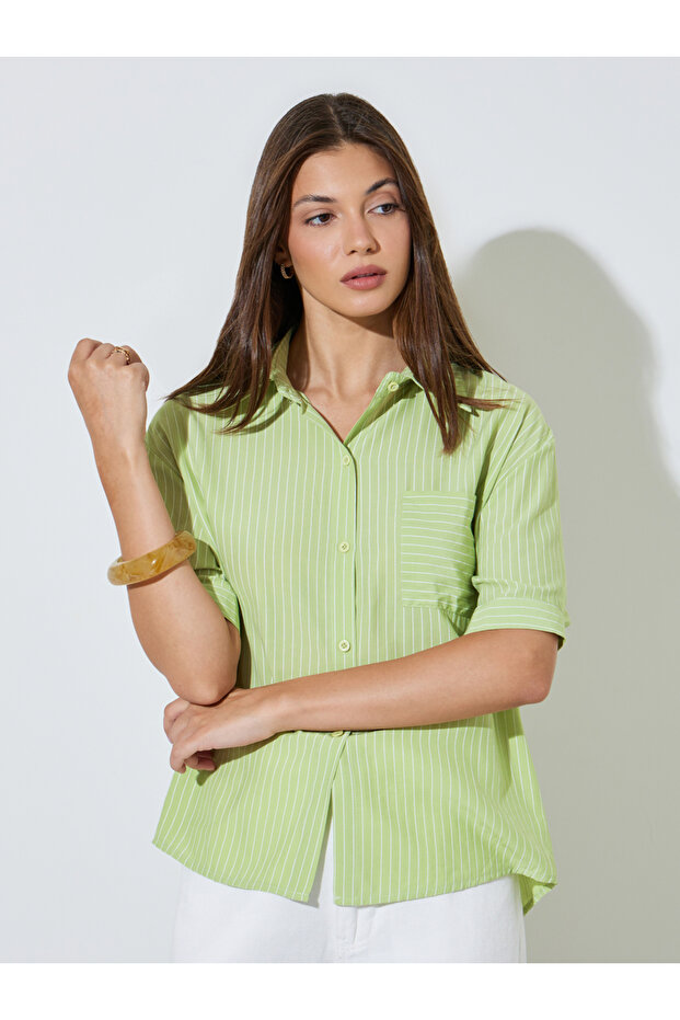 Green Striped Short Sleeve Casual Shirt
