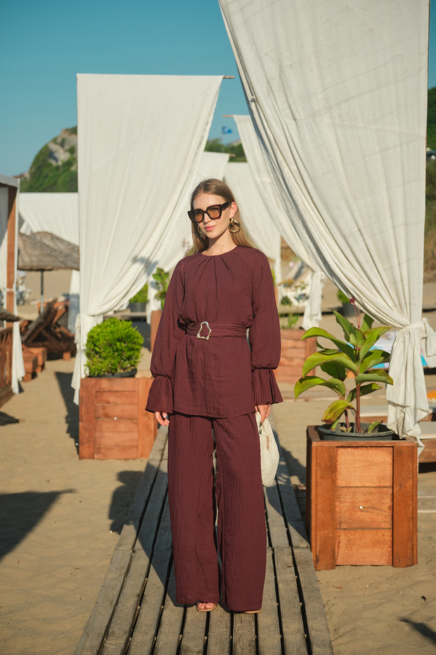 Women's Brooch Detail Lined Inside Ankle Pleated Tulle Suit Plum