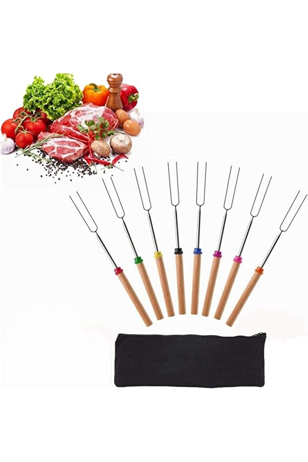 8pcs BBQ Tool Set Stainless Steel Telescoping Campfire Forks with Wooden Handle, U-Shape Design, 80 cm