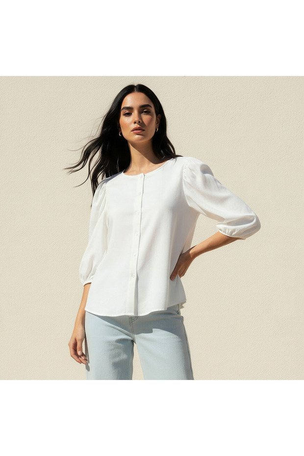 Linen Blend Shirt with Balloon Sleeves