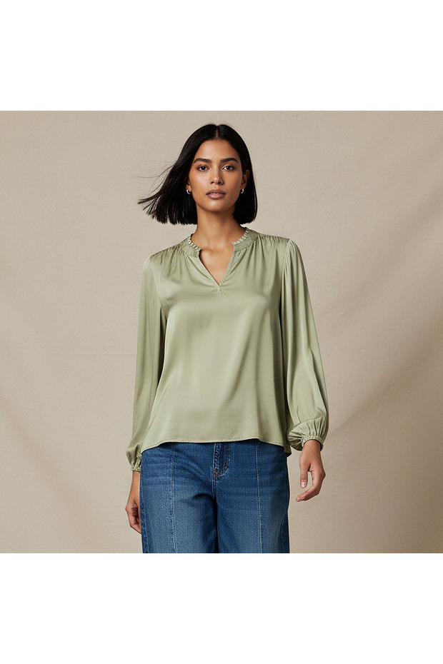 Regular Fit Viscose Top with Ruffle Trim
