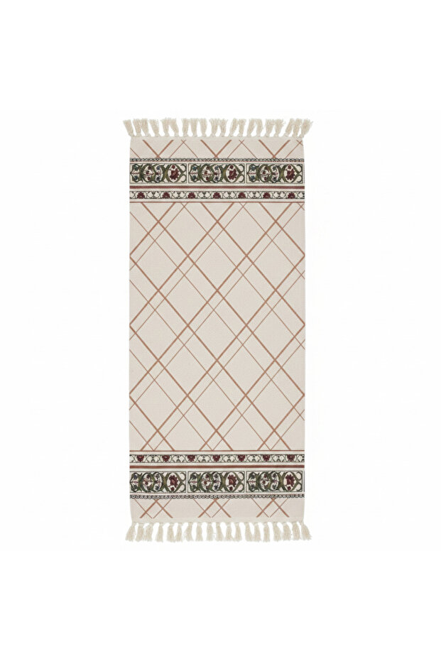 Handcrafted Diamond Lattice Runner Carpet | 50% Cotton 50% Polyester | Fringe Border Rug | 60 x 180 cm | Cream Beige | Majlis, Hallway & Bedroom Décor
