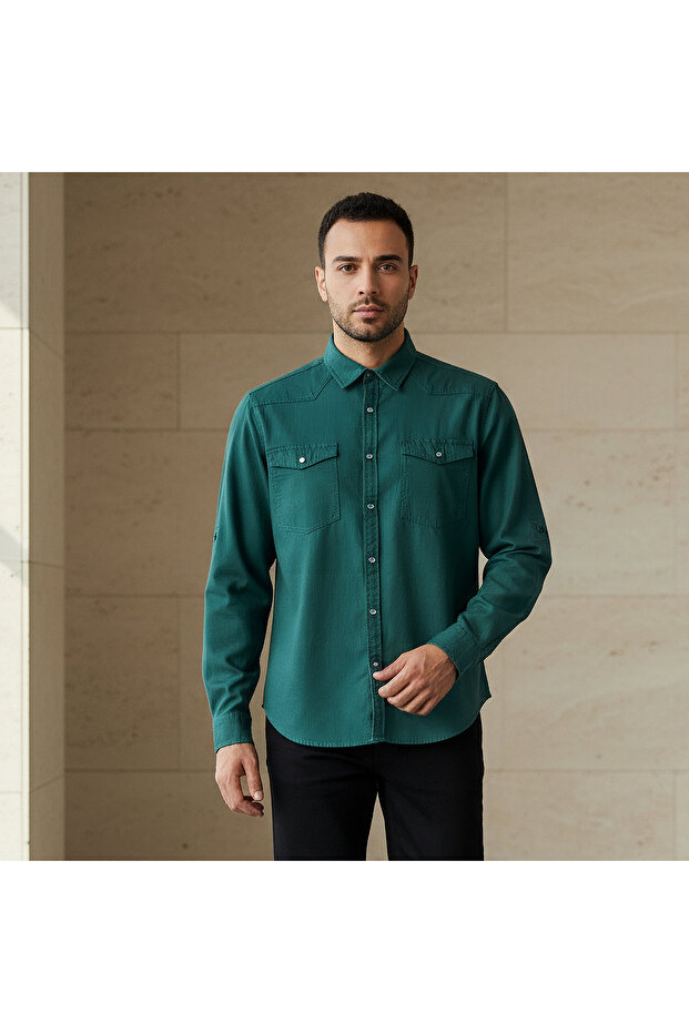 Men Regular Fit Collared Long Sleeves Denim Shirt
