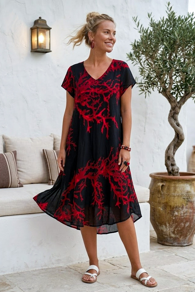 Black-Red V-Neck Short Sleeve Patterned Casual Viscose Woven Dress 113 64