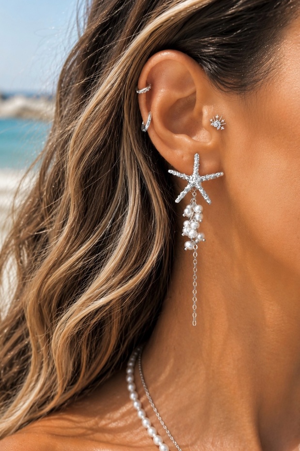 Steel Dangle Pearl Starfish Earrings