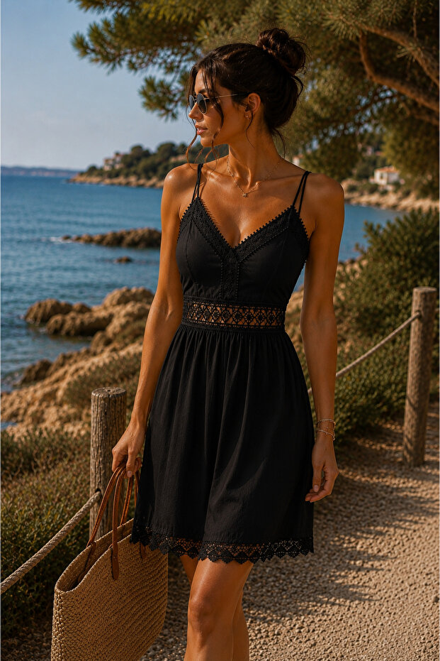 V Guipure Collar Strap Dress