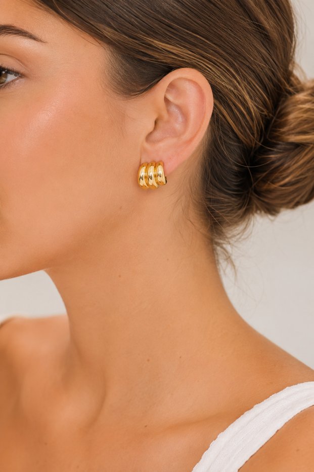 Gold Color Stainless Steel 3 Row Hoop Earrings – Minimalist and Stylish Women's Earrings