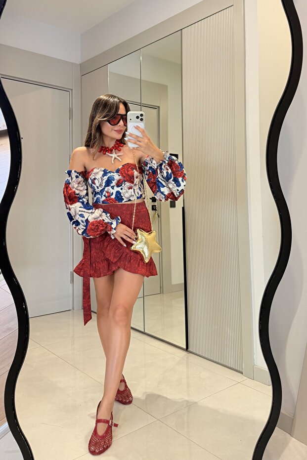 Women's Red Floral Print Off Shoulder Balloon Sleeve Crop Blouse Ruffle Mini Skirt Summer Set 8092