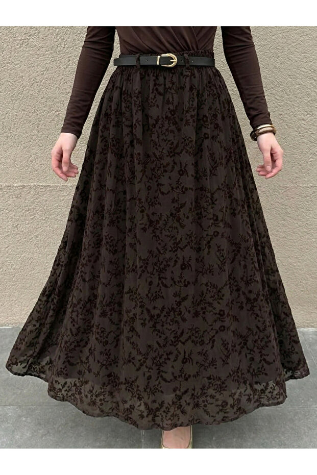Flok Print Tulle Skirt-Brown