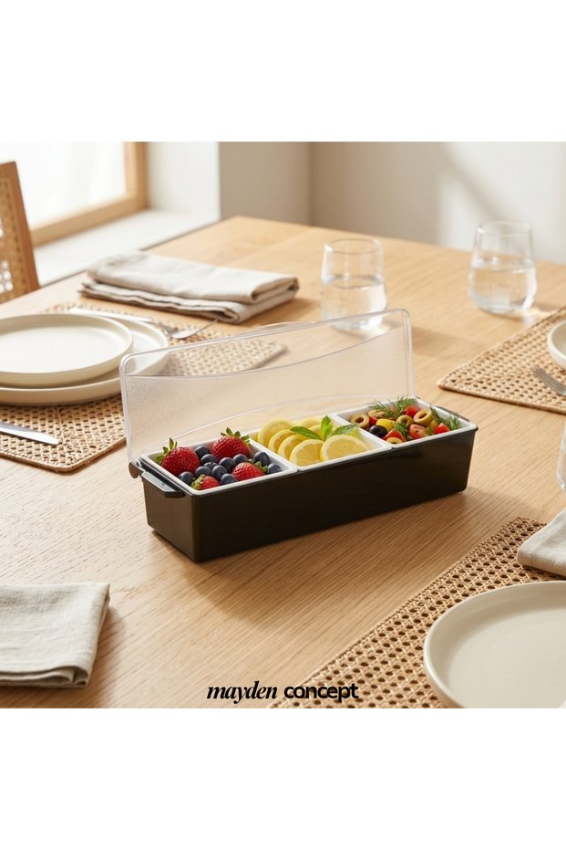 3-Compartment Covered Serving and Presentation Container - Organizer for Breakfast, Snacks, and Appetizers - Suitable for Cafe & Restaurant Use