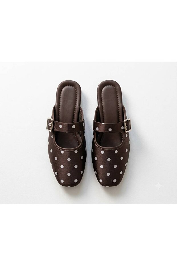 Satin Open-Back Ballet Slippers with Polka Dot Buckle Detail