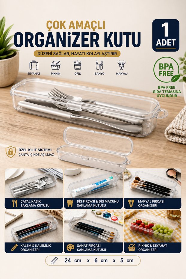 Multi-Purpose Organizer Storage Box 24X6X5 cm – Lockable Transparent Cutlery, Toothbrush, Pen and Makeup Organizer Box (1 Piece)