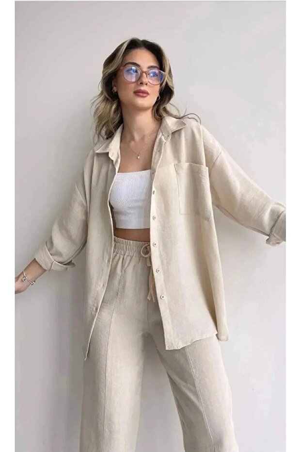 Women's Beige Linen Look Shirt and Wide-Leg Pants 2-Piece Set