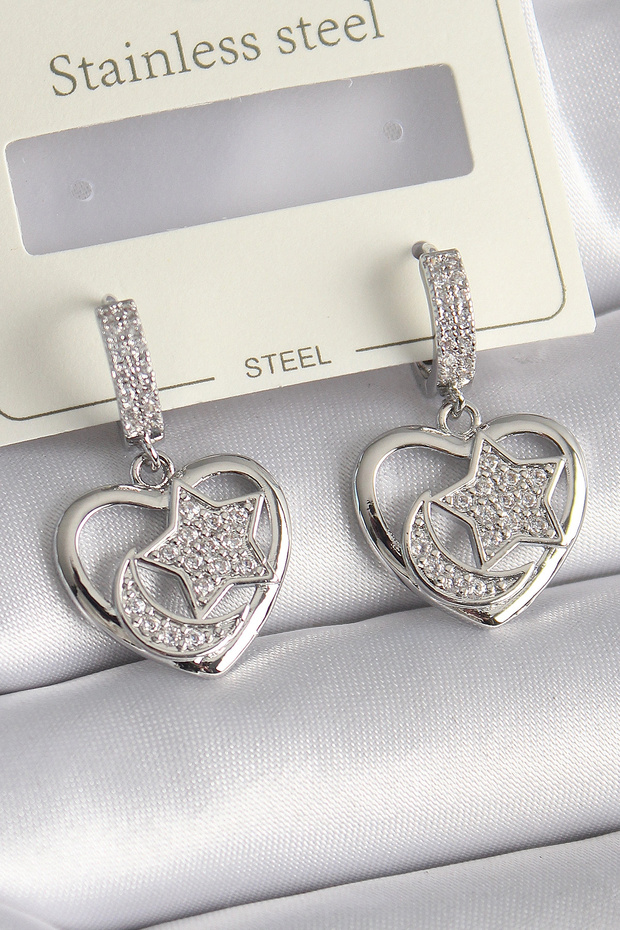Brass Silver Color Heart Model Zircon Stone Moon Star Embroidered Women's Earrings