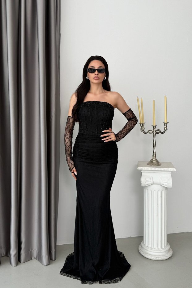 Black Strapless Stone Embellished Underwire Lace Evening Dress with Gloves