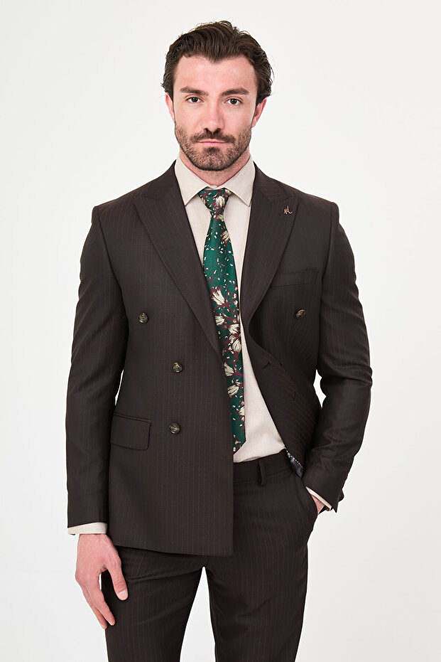 Striped Slim Fit Wide Collar Double Breasted Men's Suit Brown - 45478.26Y