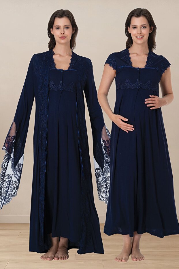 Maternity Lace Detailed Nightgown Set with Dressing Gown