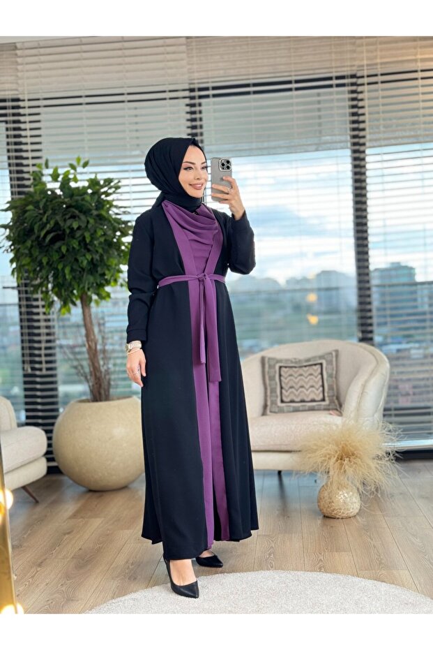 3902 طقم عباءة داخلية من قطعتين أسود بنفسجي