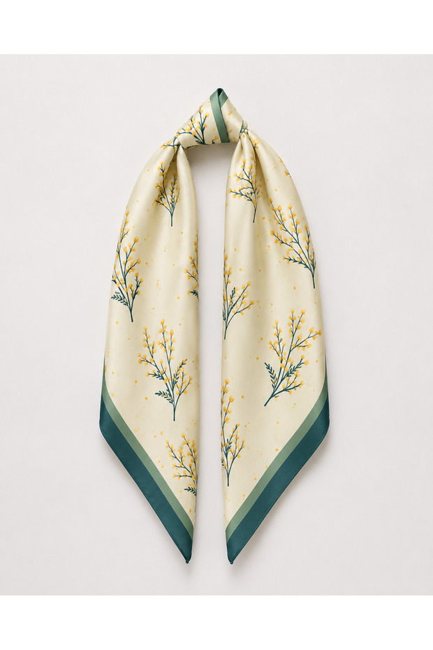 Yellow Floral Patterned Satin Scarf 50X50 cm – Silky Soft Square Scarf, Neck Hair and Bag Accessory