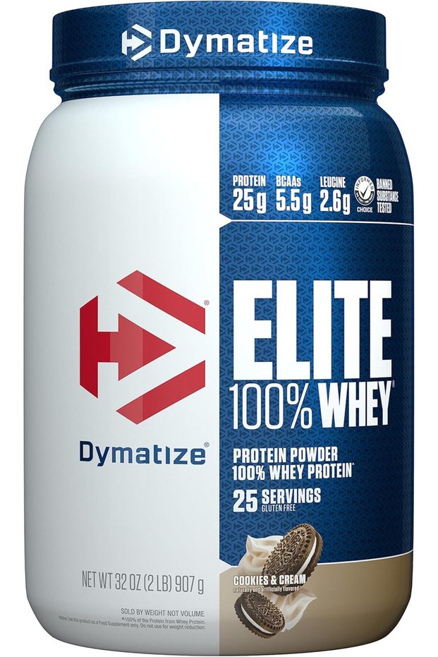 Elite 100% Whey Protein Powder, Cookies & Cream, 25g of Protein, 5.5g BCAAs, Less Than 140 Cal., Gluten Free, 3g Carb, 2g Sugar, 3g Fat (25 Servings)