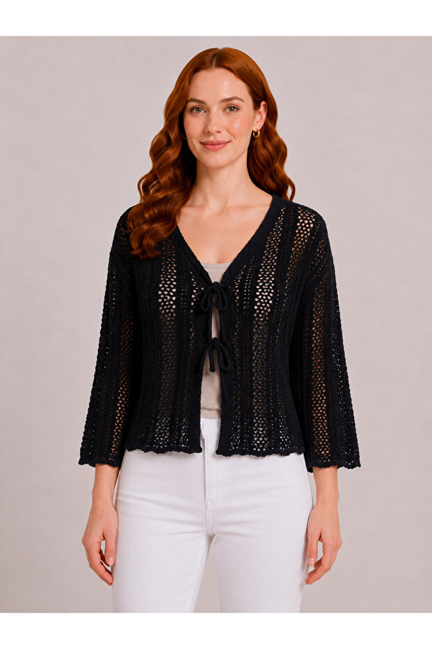 Women's Black Knitted Lace-Up Cardigan