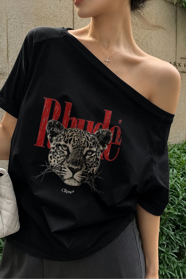 Black Oversize Unisex Rhude Leopard Printed Summer Low Shoulder Boat Neck Tshirt