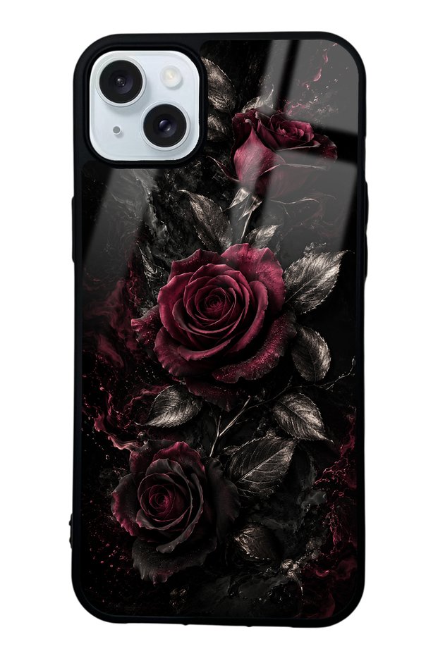 iPhone 15 Plus Obsidian Burgundy Roses Design Glossy Phone Case