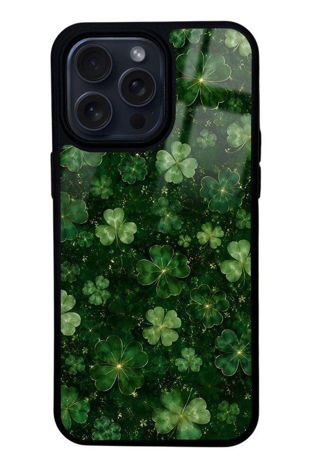 iPhone 15 Pro Max Emerald Lucky Clover Design Glossy Phone Case