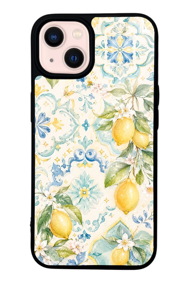 iPhone 13 Glossy Phone Case with Azure Lemon Garden Design