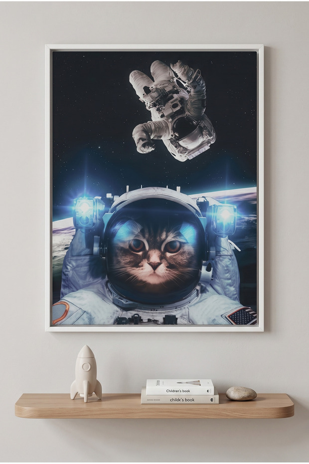 Surreal Kitty in Space Kids Wall Art | Portrait Framed Canvas Print | Luxury Modern Decor for Kids Room