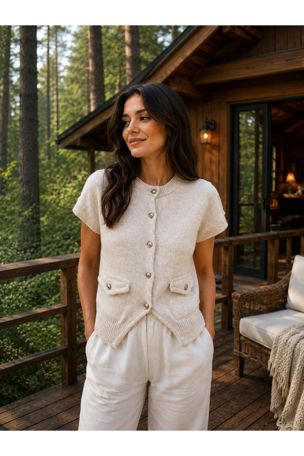 Women's Basic Ecru Buttoned Knitwear Cardigan
