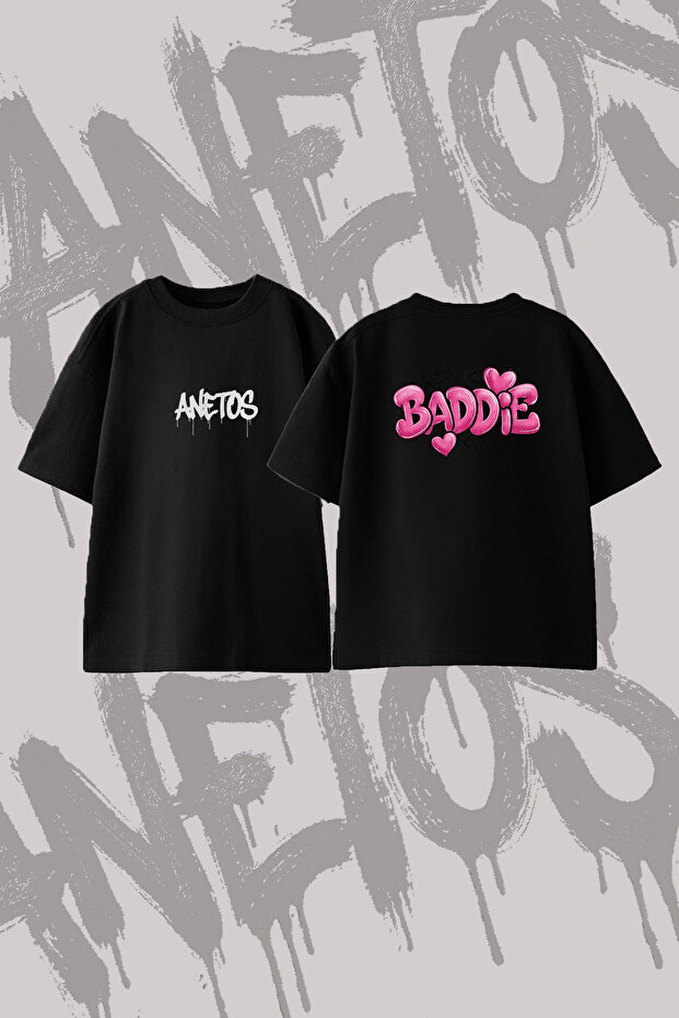 Baddie Bubble Design Back Printed Cotton Black Oversize T-Shirt