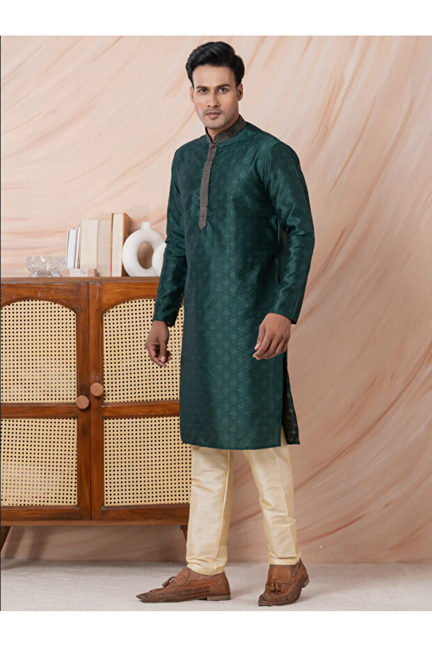 Mens Teal Green Self Design Jacquard Silk Kurta Set