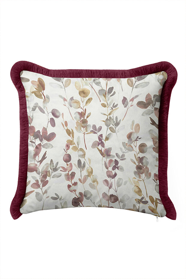 Elegant Leaf Pattern Floral Fringed Pillowcase - Bohemian Cream Mink Burgundy Tassel Throw Pillow Cover