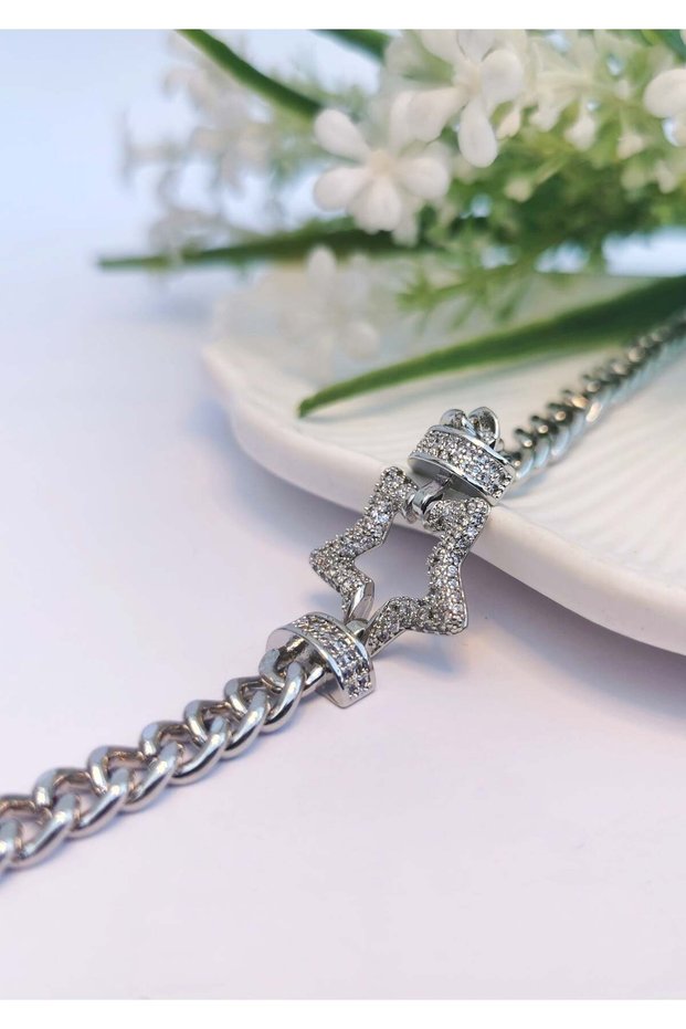 Silver Star Detailed Gourmet Chain Zircon Steel Bracelet