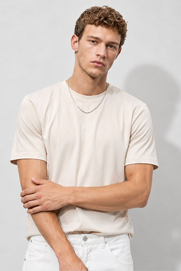 تي شيرت رجالي من Ken Crew Neck ذو تصميم عادي ومقاس منتظم - لون حجري