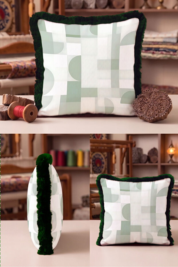 Geometric Green Elegant Fringed Pillowcase - Abstract Nordic Grey Black Tassel Throw Pillow Cover