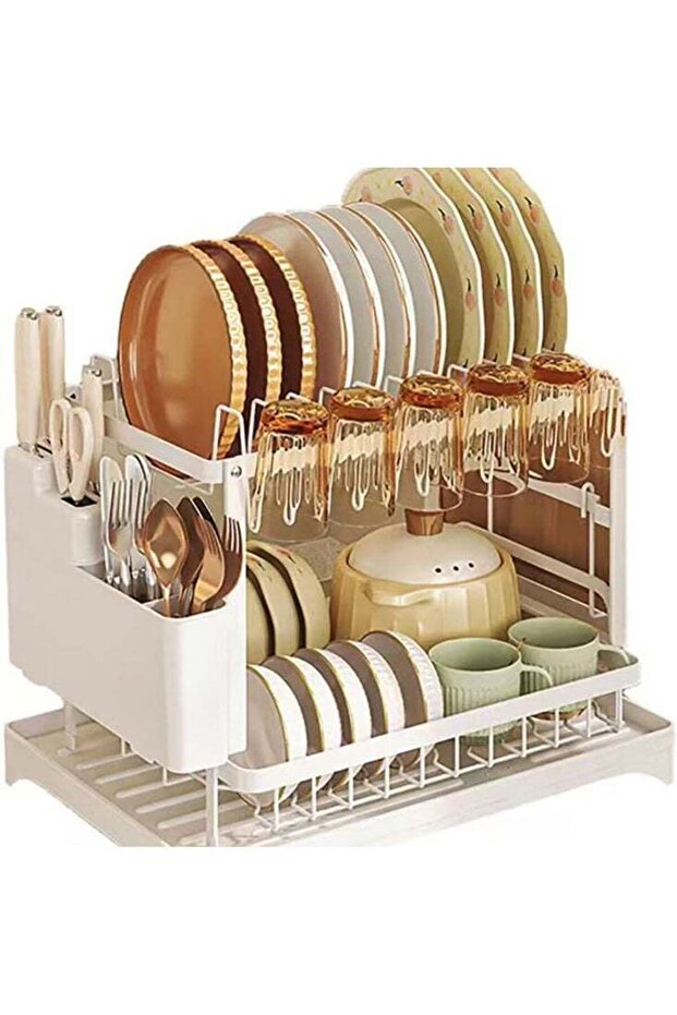 Dish Drying Racks for Kitchen Counter Large Capacity Double-Layer Dish Drying Rack - with Knife/Utensil & Cutting Board Holder, Drainage Tray (white)