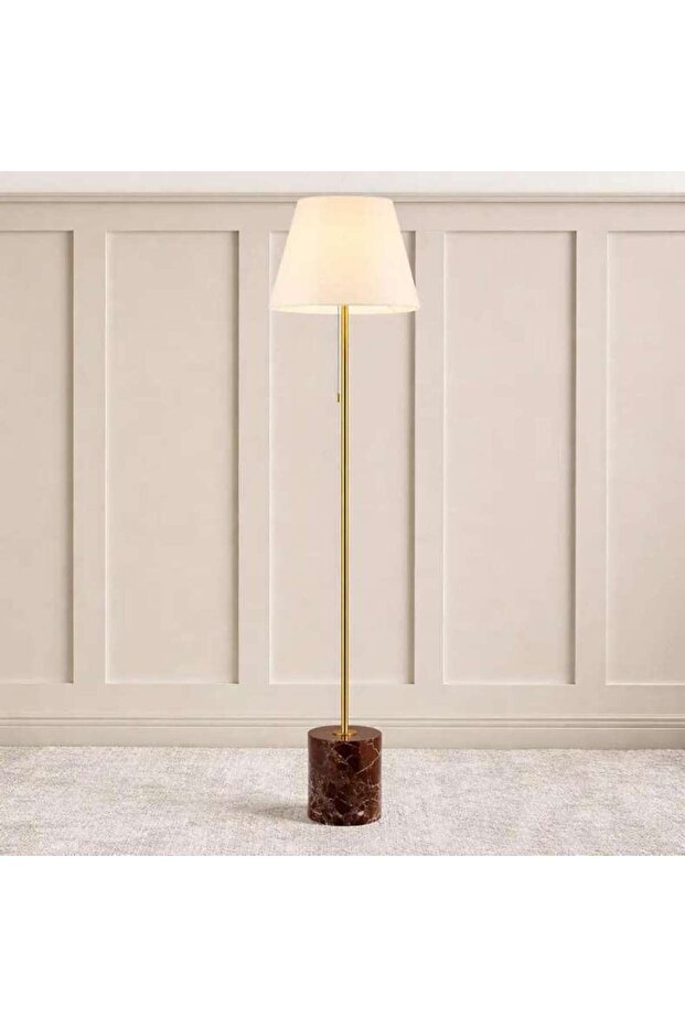 Mermax E27 Marble Base Floor Lamp with Pull Switch 42x165cm - Satin Brass/Red
