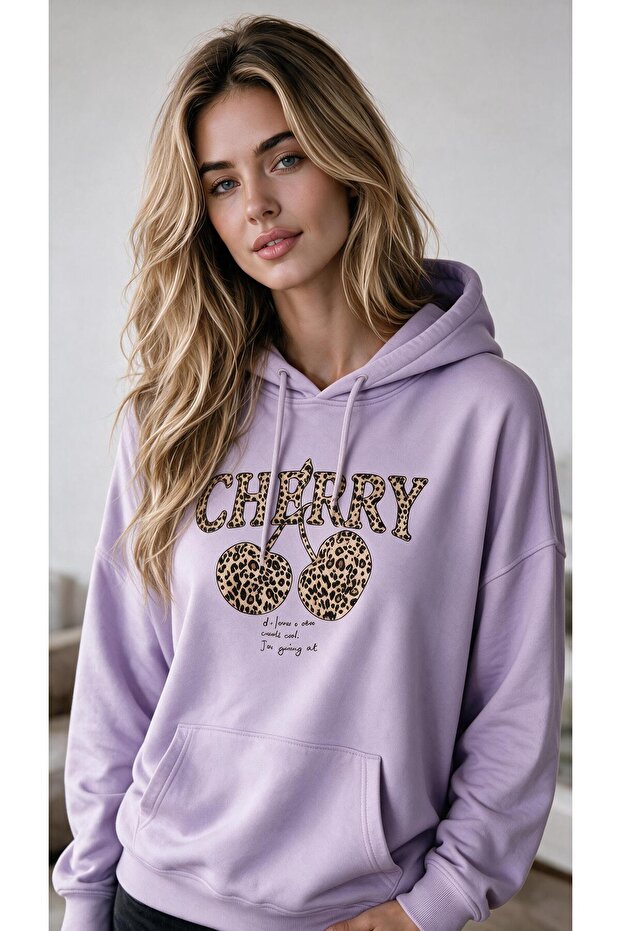 Women's Leopard Patterned Cherry Figured Cherry Written Kangaroo Pocket Hooded Sweatshirt