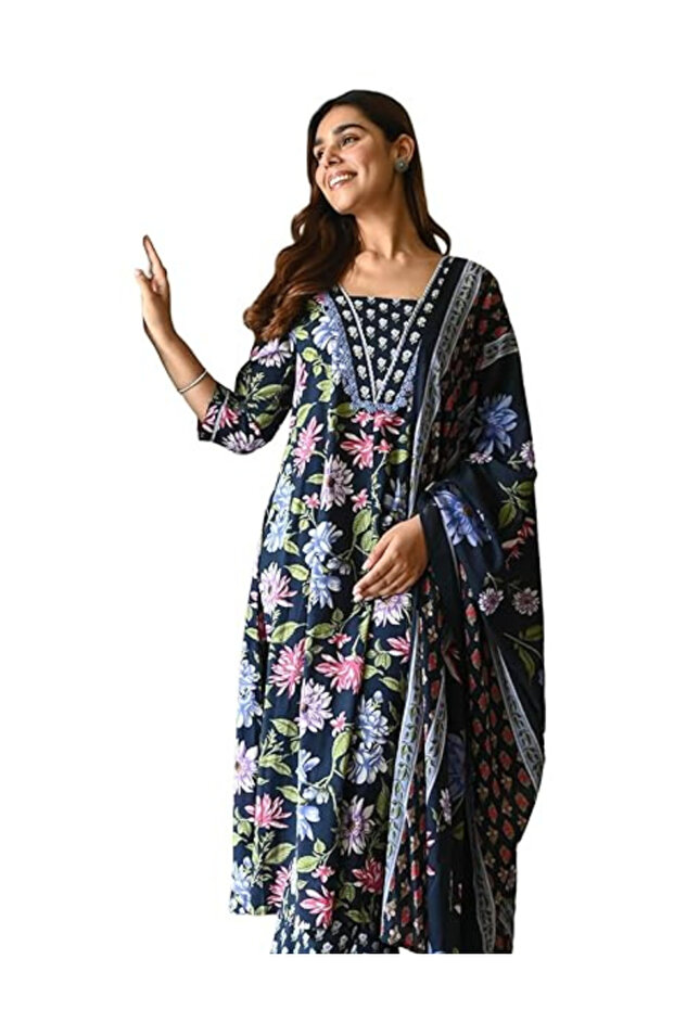 Blue Floral Print Viscose Kurta Set - ALV2199 | Blue-Size:L-40-Inches