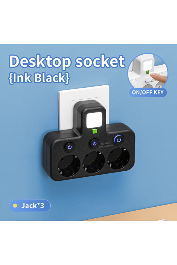 3 مقابس كهربائية سوداء بدون منفذ USB، قابس أوروبي، مقبس متعدد المنافذ، سلك تمديد كهربائي مع منفذ USB