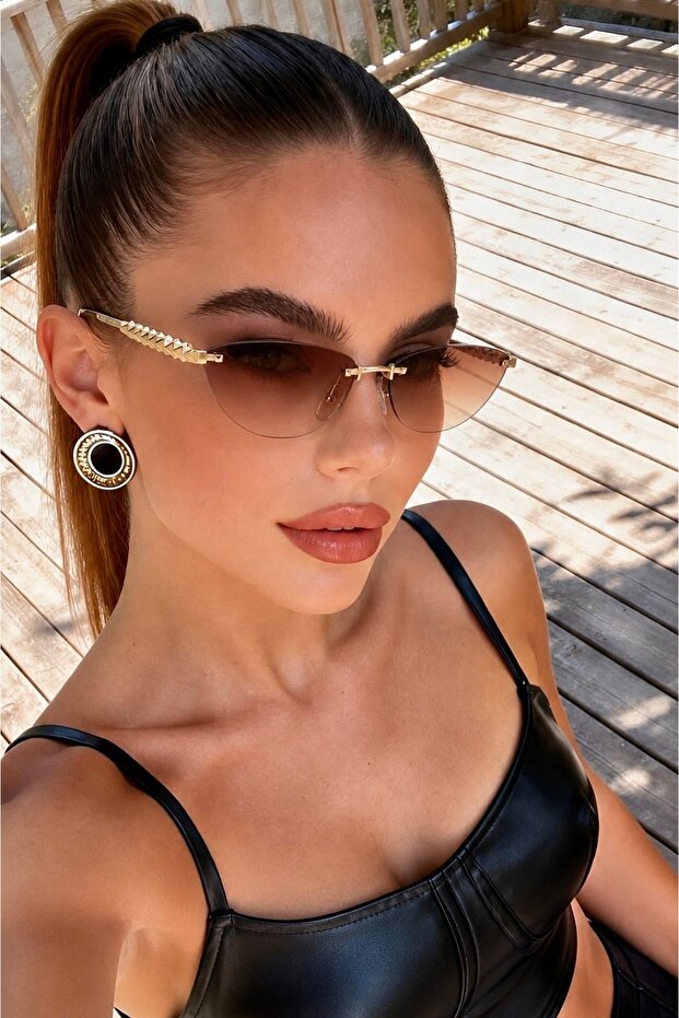 Elsimo Uv400 Protected Cat Eye Cut Glass Brown Women's Sunglasses