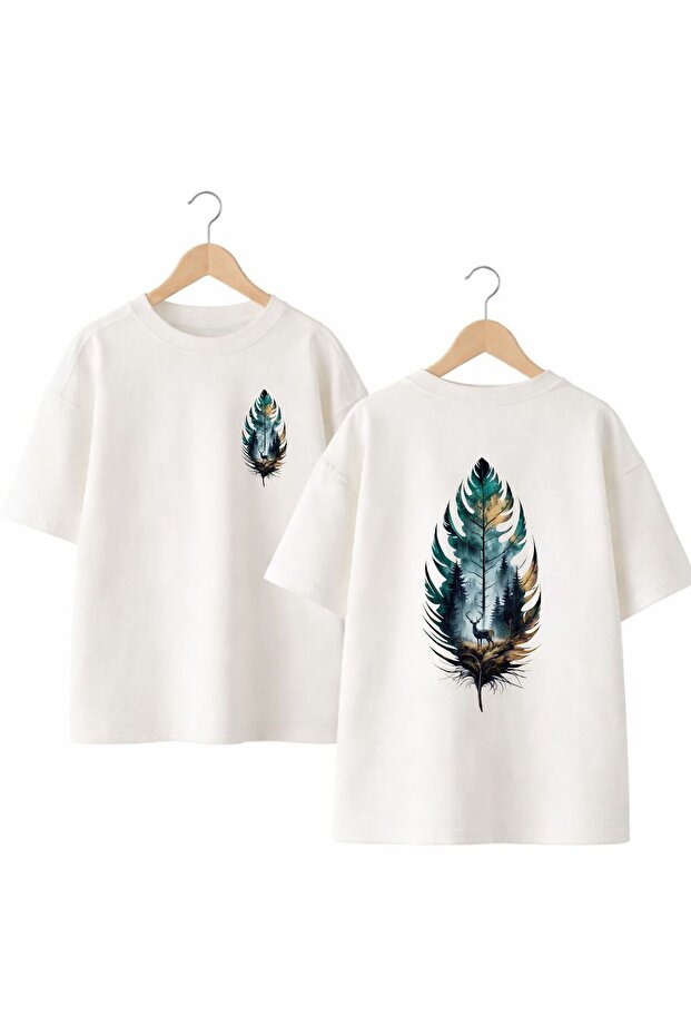 Leaf Deer Print on the Back and Front Chest, 100% Cotton Oversize Loose Regular Fit Crew Neck T-Shirt
