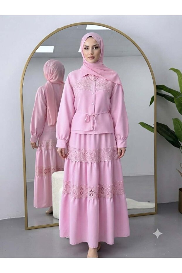 Lace Trim Shirt and Skirt Set Pink