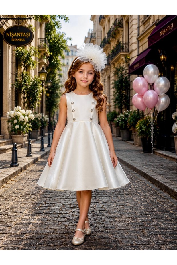 Buttoned, Accessorized, Girls' Evening Dress, Birthday and Party Dress