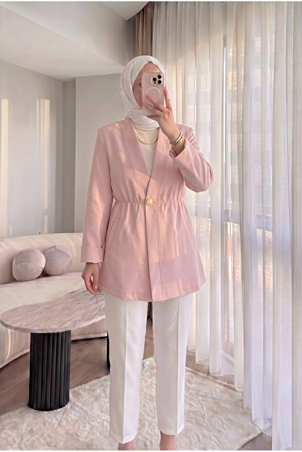 Women's Elastic Waist Gold Buttoned Seasonal Stylish Hijab Blazer Jacket