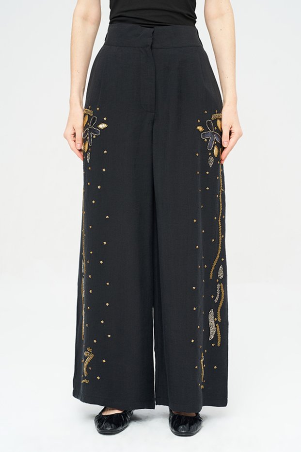 Women's Intensely Stone and Bead Embroidered Palazzo Trousers