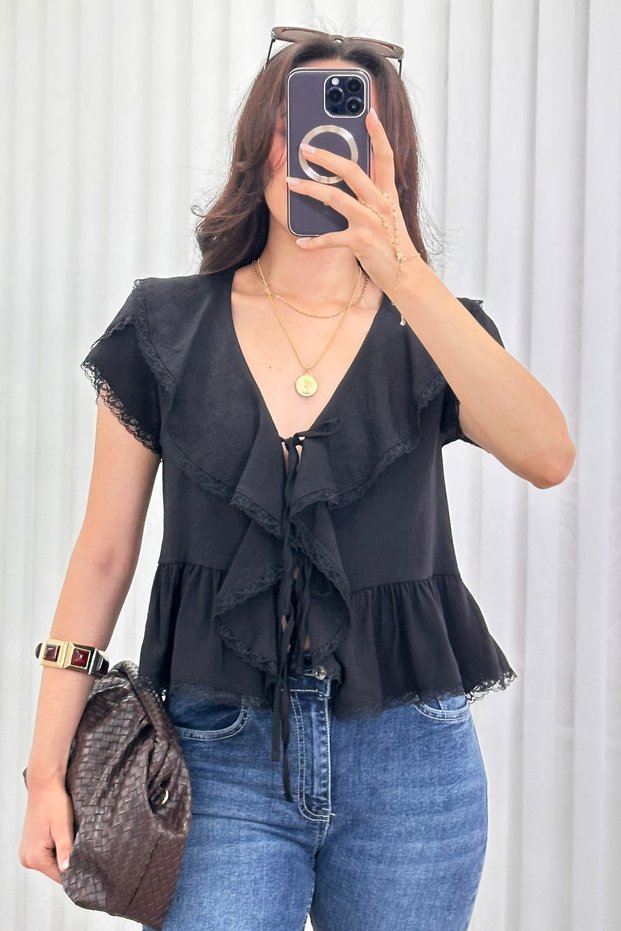 Women's Ruffle Tie V-Neck Summer Blouse Short Sleeve Flounce Loose Chic Casual Blouse