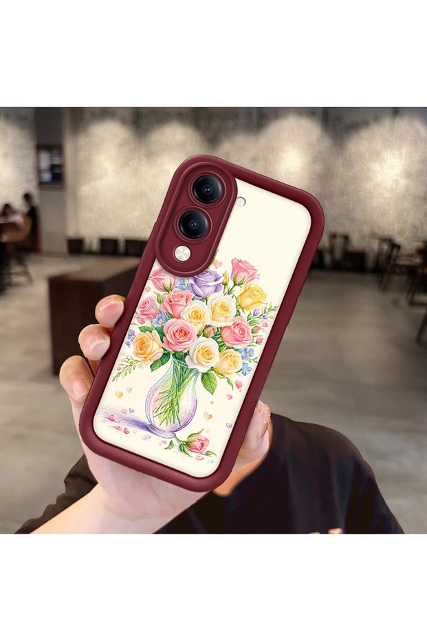 Vivo Y04 Compatible Case Camera Protector Burgundy Silicone Couple Phone Case Floral Pattern